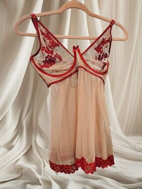 Coquette Nude and Red Women's X-Large Sheer Lingerie Dress
